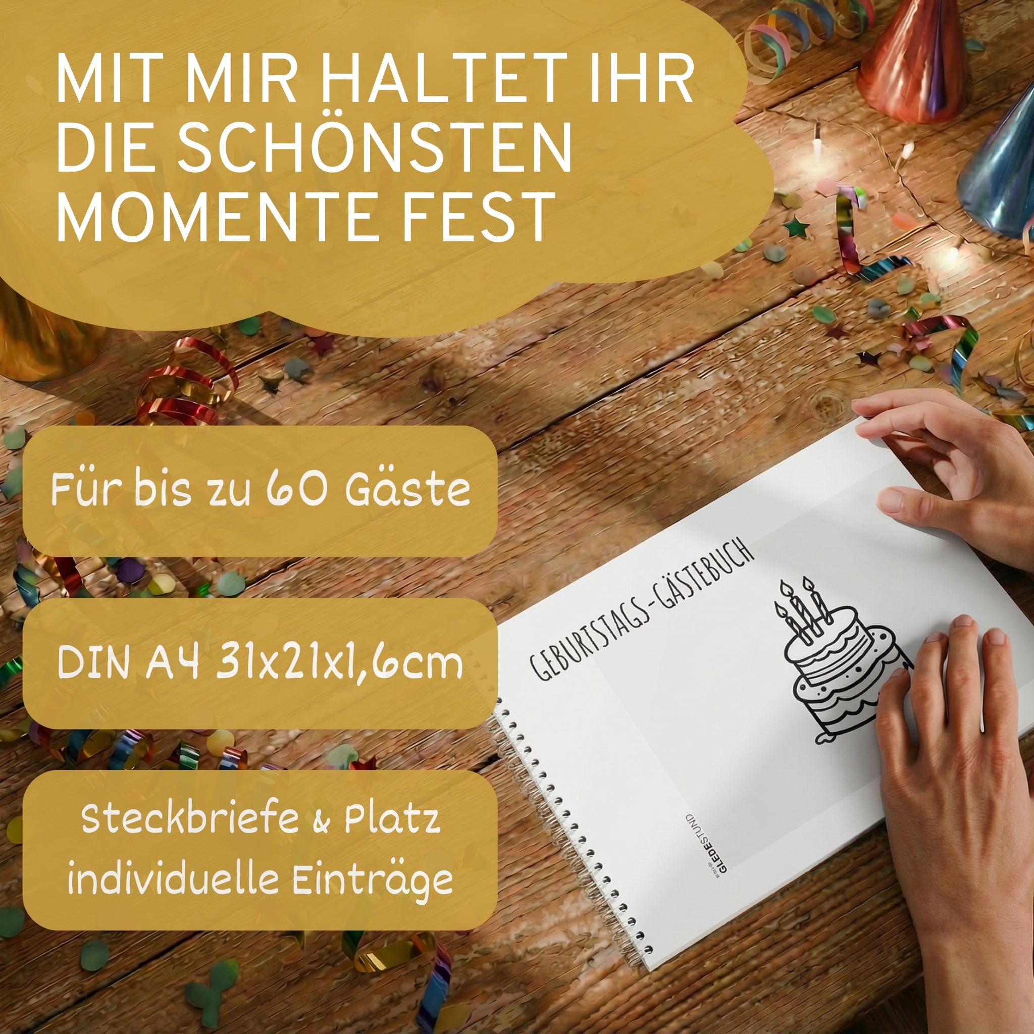 Gästebuch Geburtstag mit Fragen - 60 Gäste - DIN A4 Schlicht