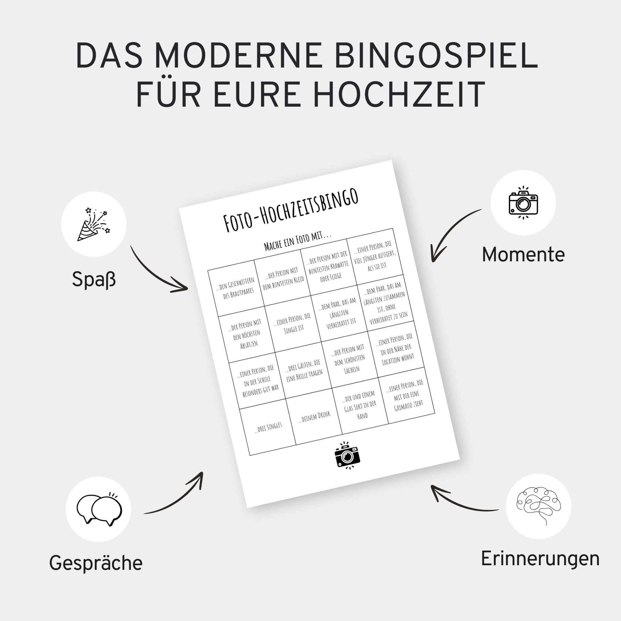 Foto - Hochzeitsbingo – Modernes & kreatives Hochzeitsspiel – 25 individuelle Bingo - Karten - GLEDESTUND