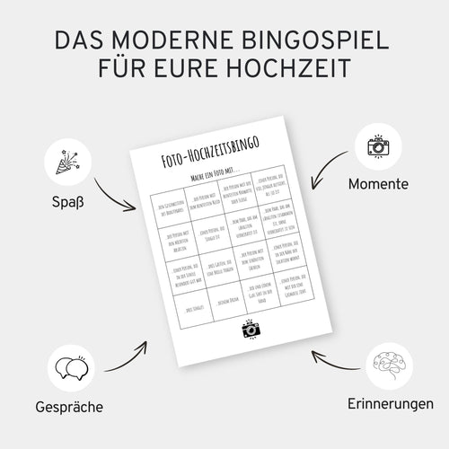 Foto - Hochzeitsbingo – Modernes & kreatives Hochzeitsspiel – 25 individuelle Bingo - Karten - GLEDESTUND