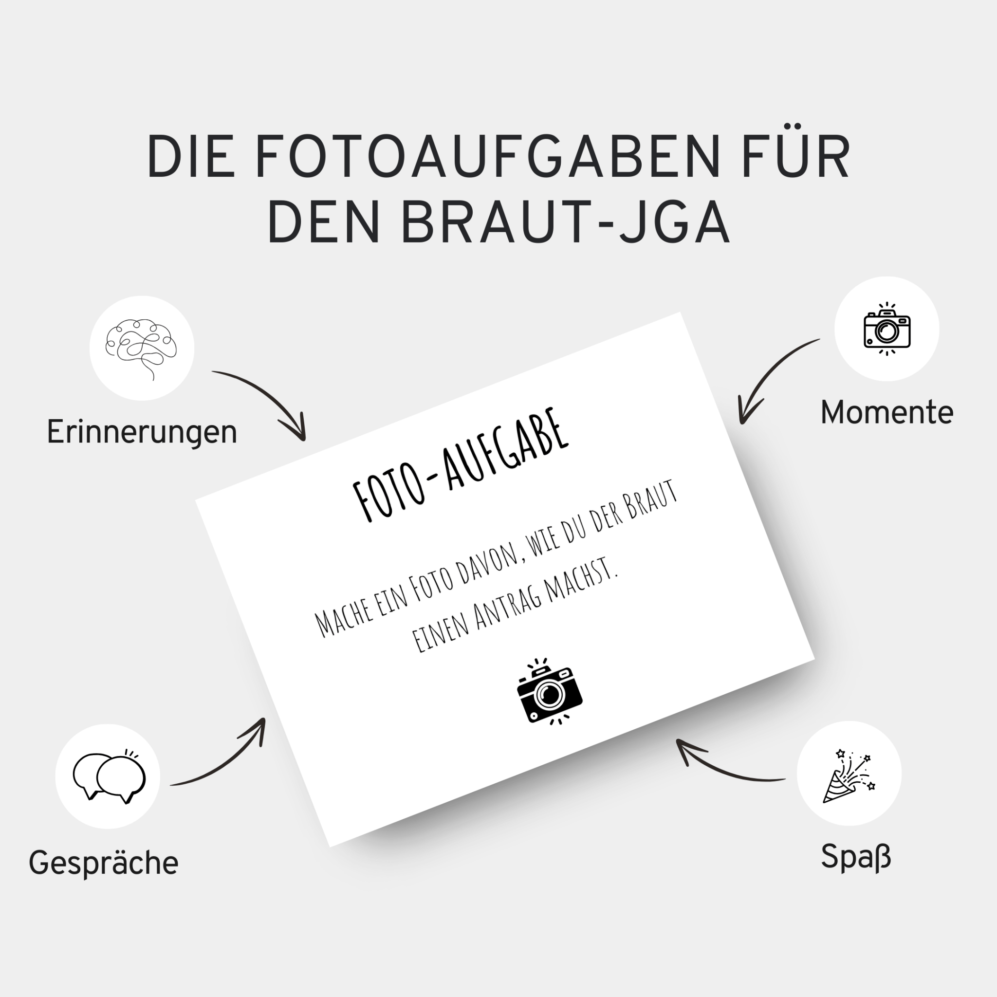 Fotoaufgaben JGA Braut – 60 Karten mit 50 kreativen Aufgaben + 10 Blanko - Karten - GLEDESTUND
