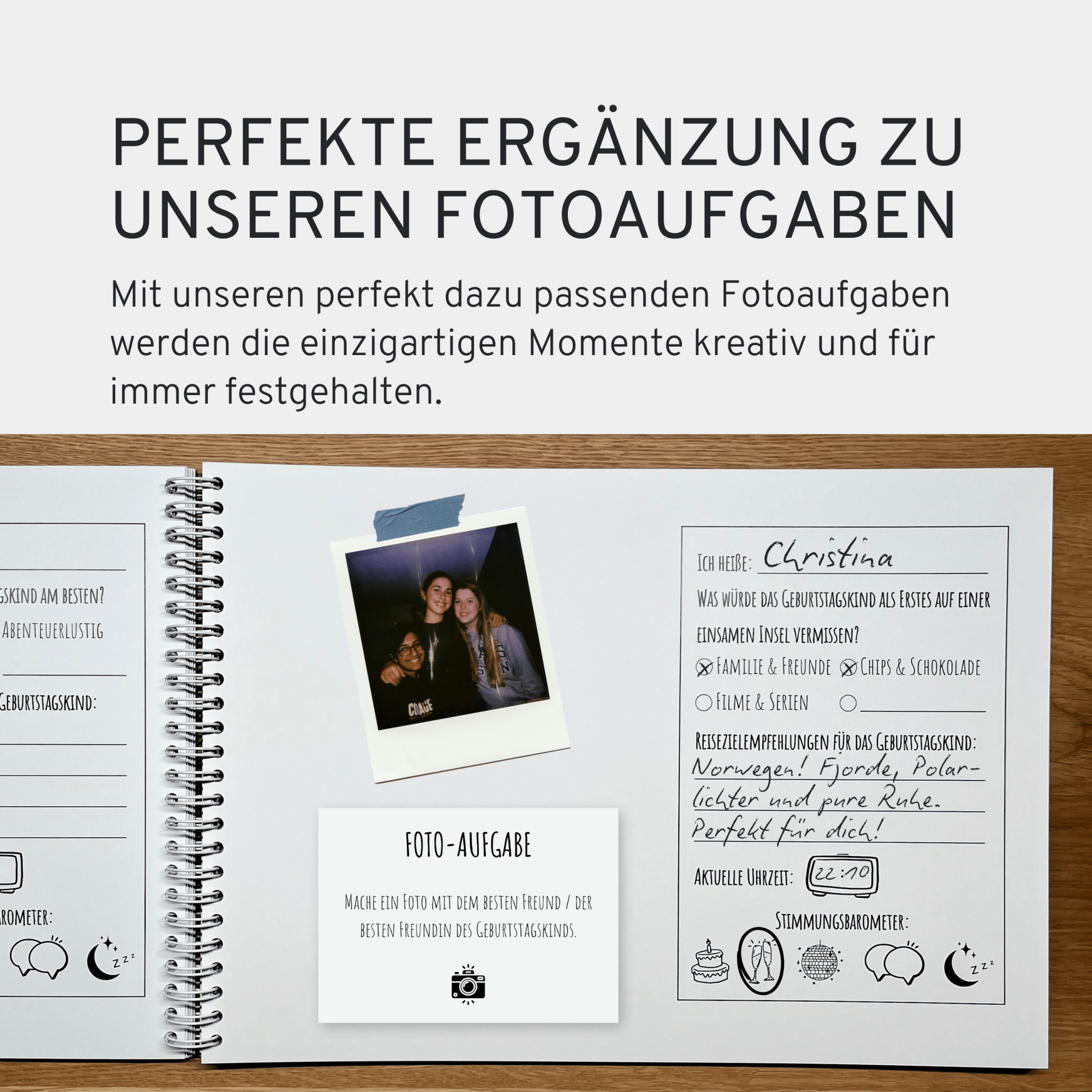Gästebuch für Fotoaufgaben Geburtstag - 60 Seiten inkl. Fragen - GLEDESTUND