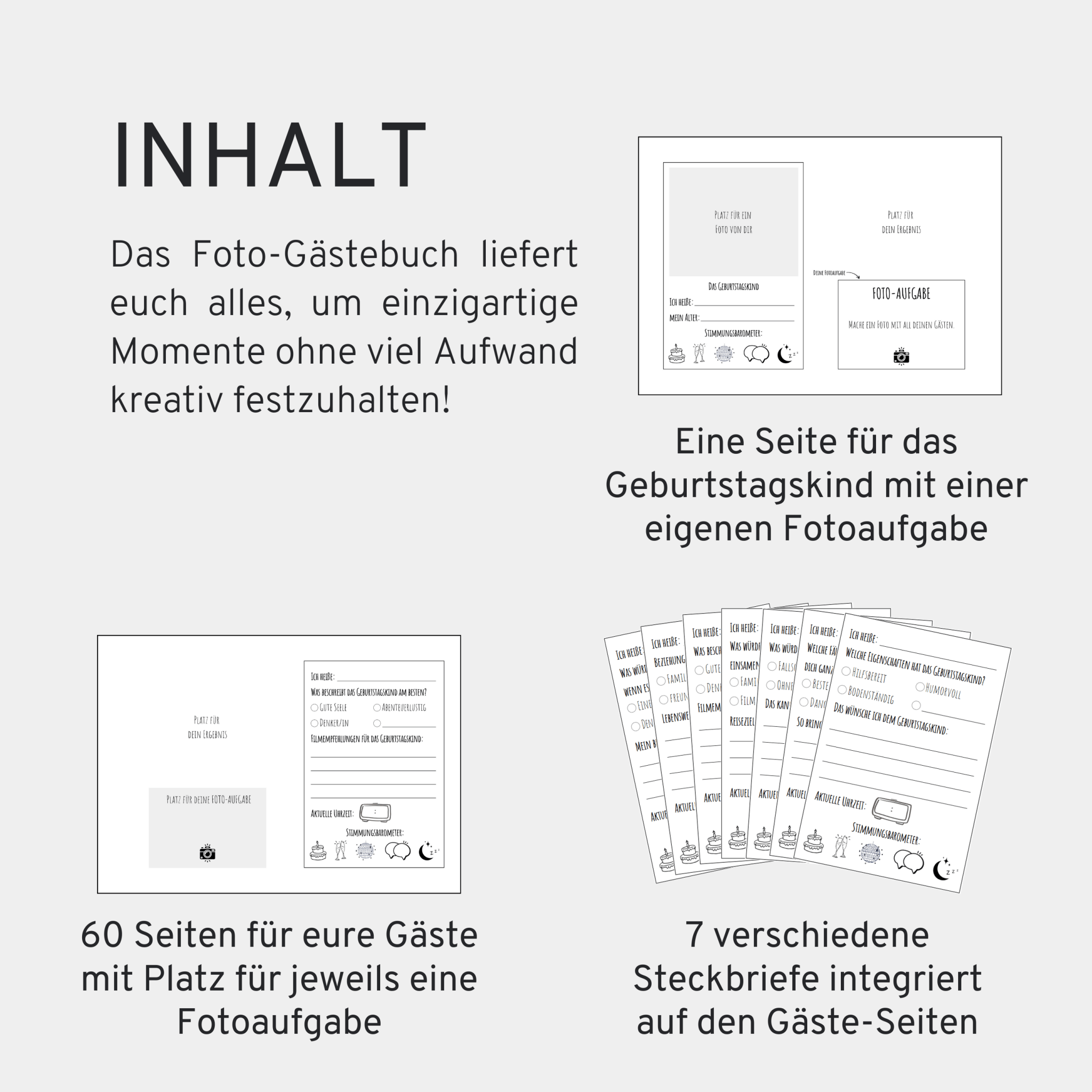 Gästebuch für Fotoaufgaben Geburtstag - 60 Seiten inkl. Fragen - GLEDESTUND