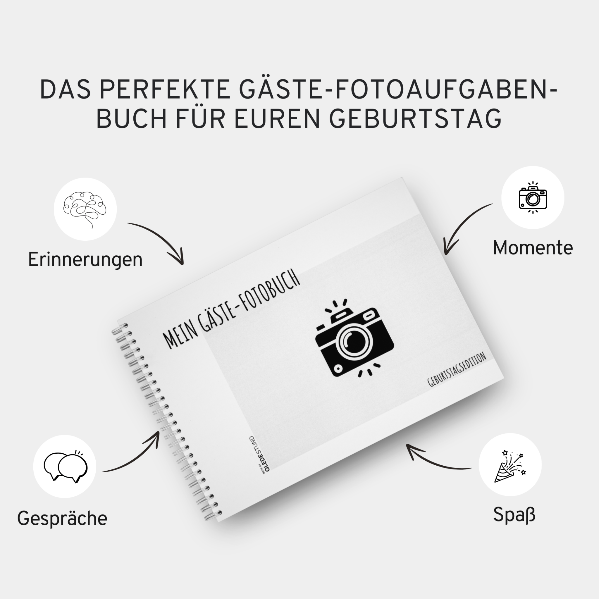 Gästebuch für Fotoaufgaben Geburtstag - 60 Seiten inkl. Fragen - GLEDESTUND