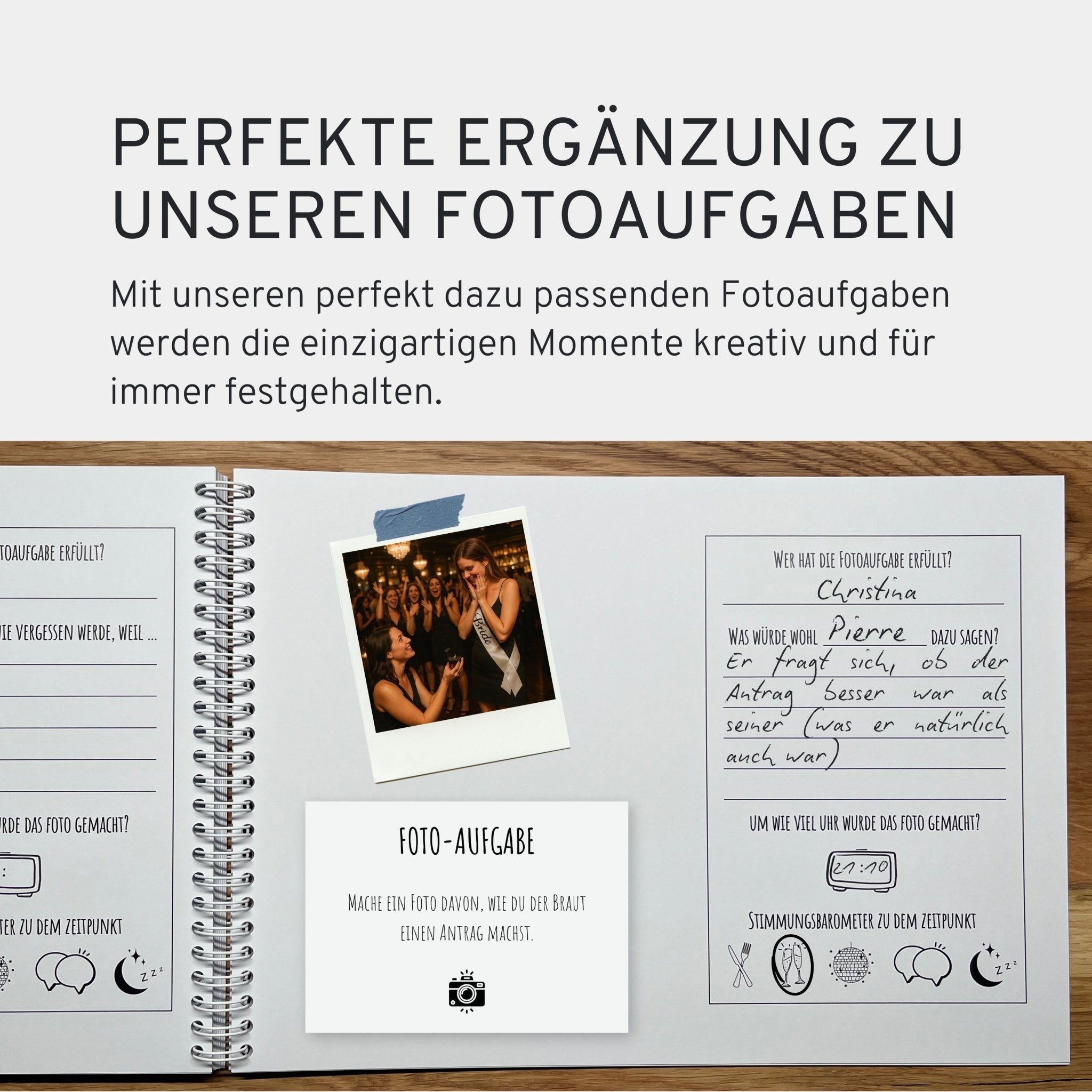 Gästebuch für Fotoaufgaben JGA - 60 Seiten inkl. Fragen - GLEDESTUND